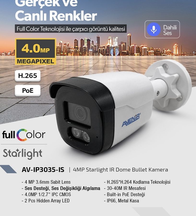 4 MP 3.6 mm Sabit Lens IP Bullet Kasa,Warmlight Starlight, P2P, (Gömülü Ses)Kamera